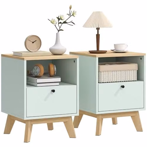 HOMCOM Modern Nightstand Set of 2 with Drawer and Open Shelf, Light Green, W/D/H: 40 x 40 x 55 cm – 1