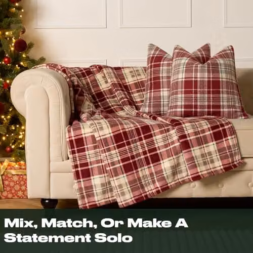 OHS Set of 2 Red and Black Woven Check Square Cushion Covers, W/D/H: 45 x 45 x 45 cm – 2
