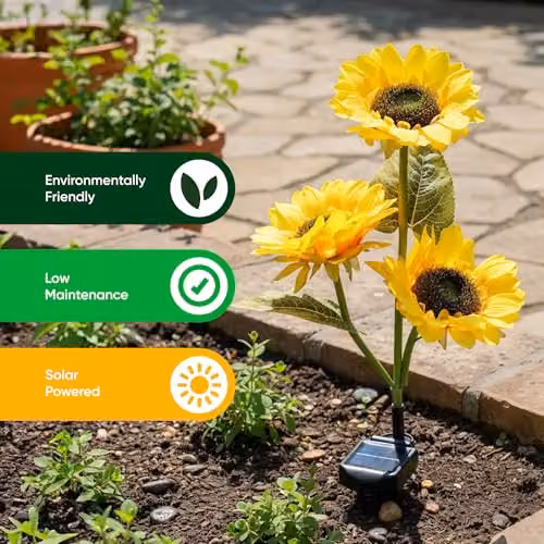 Gardenwize Solar Sunflower Stake Lights with 3 Flower Heads, Warm White LED Garden Ornaments in Yellow – 7