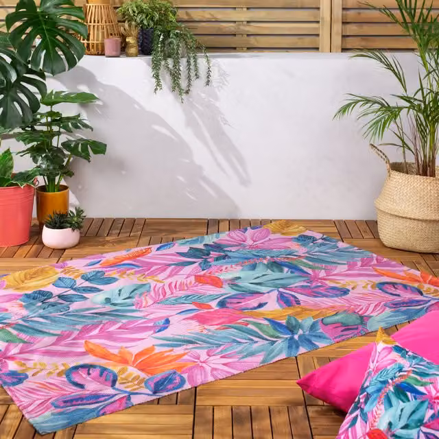 Psychedelic Jungle Washable Outdoor Rug in Pink and Multicolour, Rectangular Flat Weave Polyester Floral Boho Design