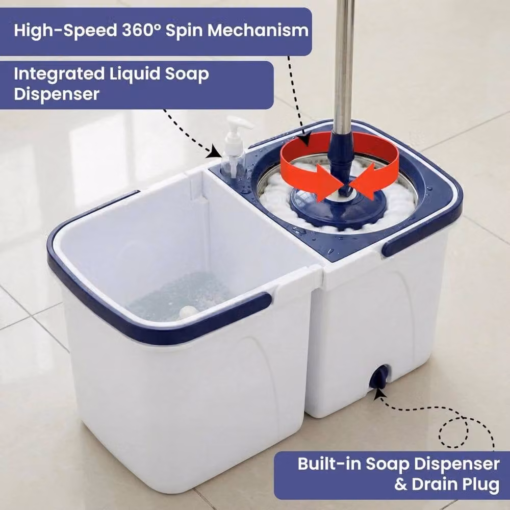 Nordara 360 Degree Magic Spin Mop and Bucket Set with Microfibre Heads and Wringer in White – 3