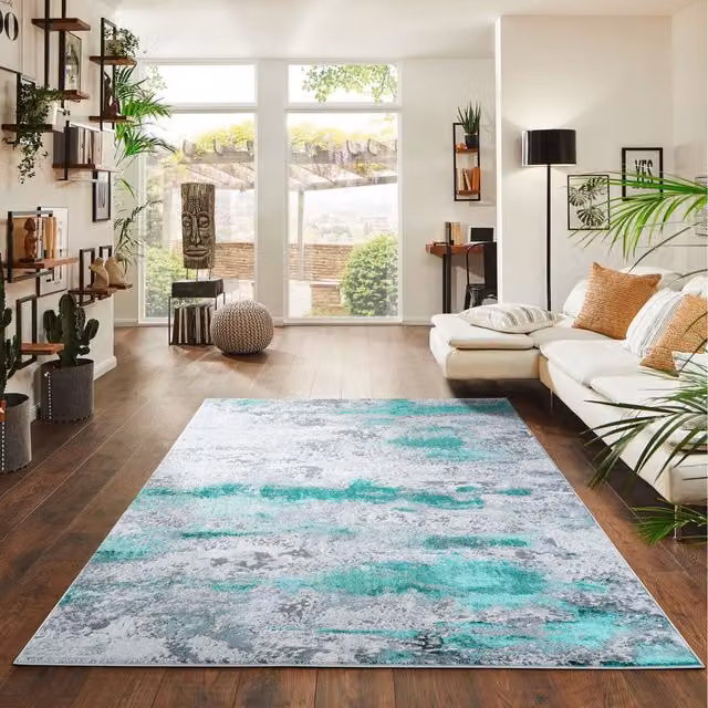 Modern Emperor Abstract Area Rug in Blue, Green and Turquoise, Width: 160 cm