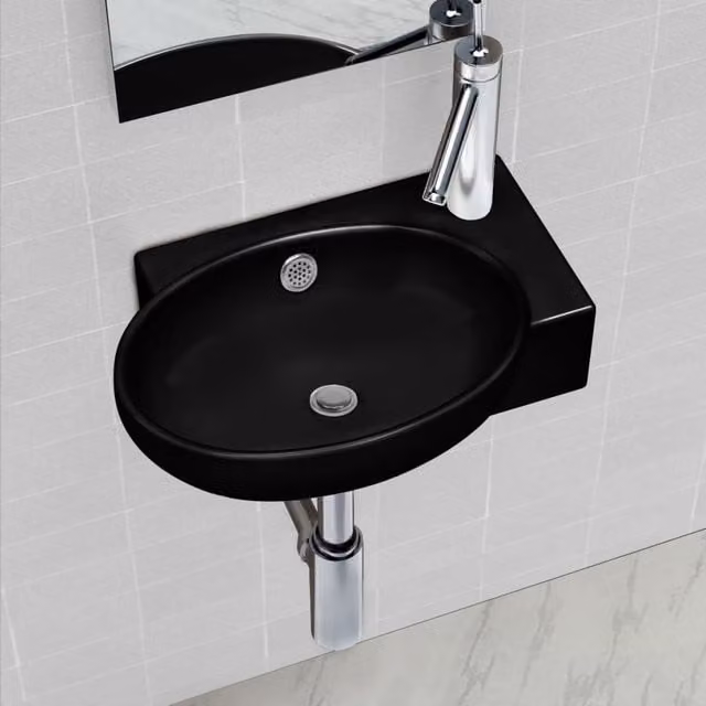 Berkfield Home Round Ceramic Wall Mounted Bathroom Sink Basin with Overflow in Black