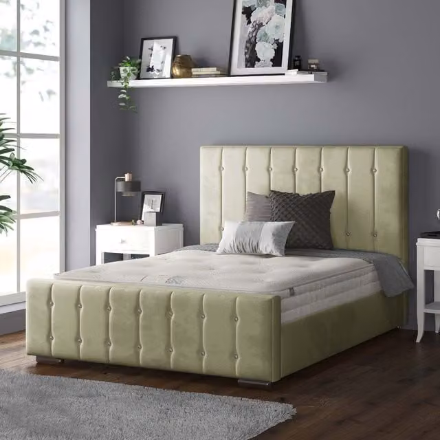IH Design Anastasia Striped Plush Velvet Bed Frame in Light Green, Superking, W: 200 cm