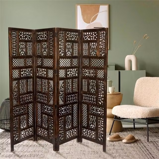 Topfurnishing 4 Panel Heavy Carved Wooden Room Divider Screen with Floral Oriental Design in Brown and White