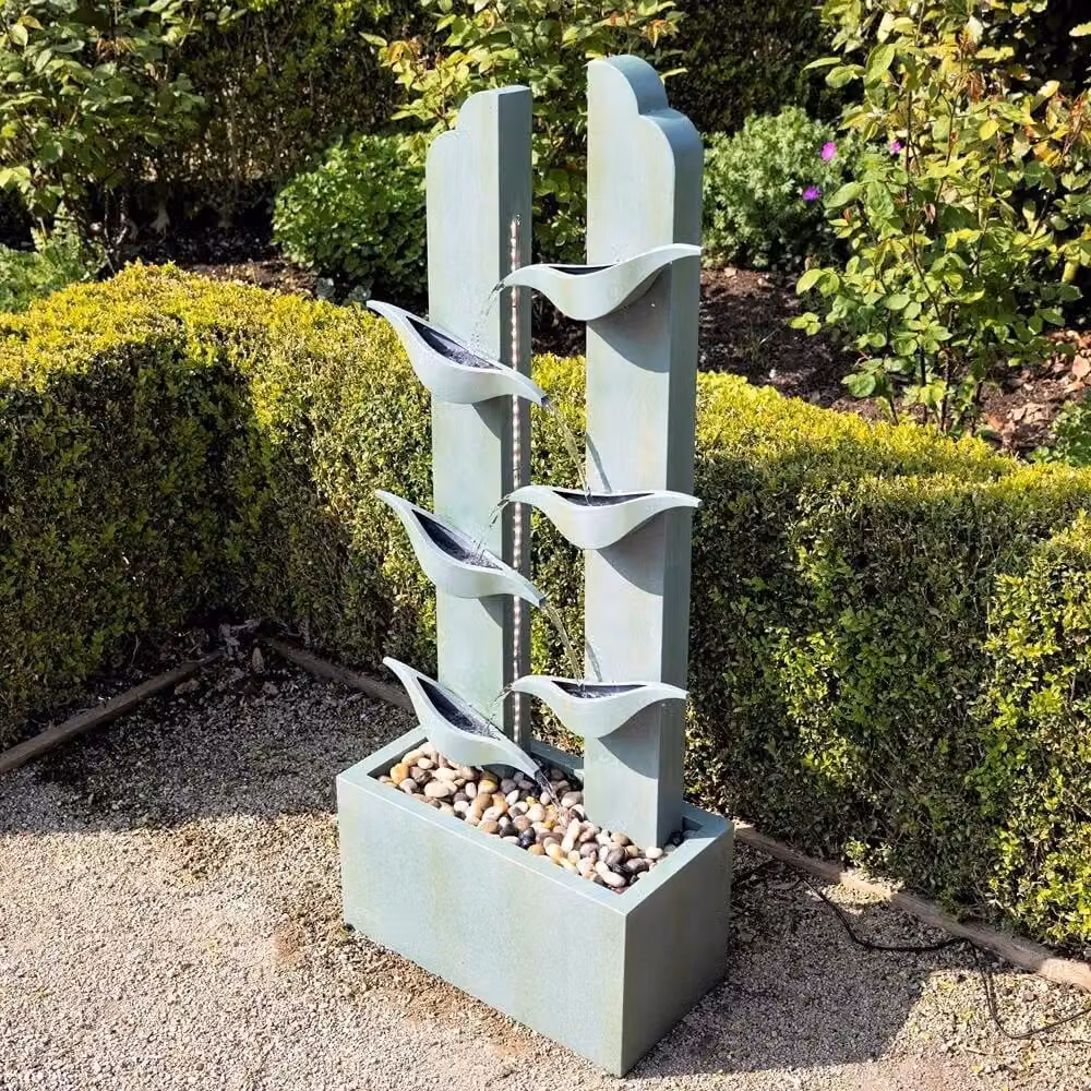 Primrose Elvas Tiered Cascading Zinc Water Feature with Lights in Grey, Height: 123 cm – 2