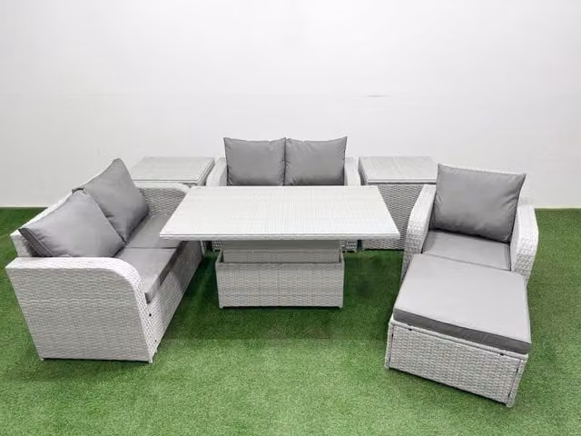 Fimous Grey Poly Rattan Garden Furniture Set with Reclining Chair, Loveseat Sofa and Adjustable Lifting Table