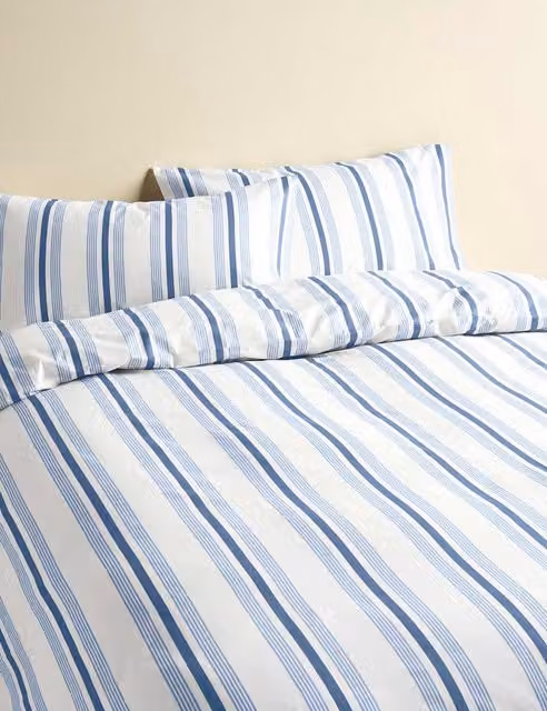 M&S Pure Cotton Striped Bedding Set, Slate Blue, W: 140 cm, L: 200 cm