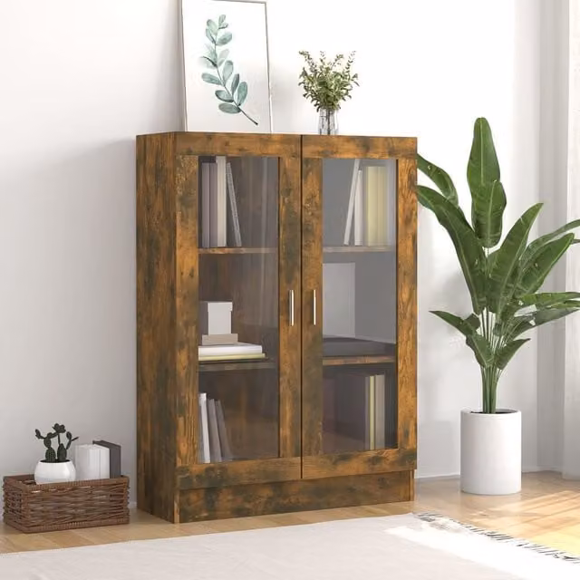 Berkfield Home Smoked Oak Vitrine Cabinet with Glass Doors, Brown, W/D/H: 82.5 x 30.5 x 115 cm
