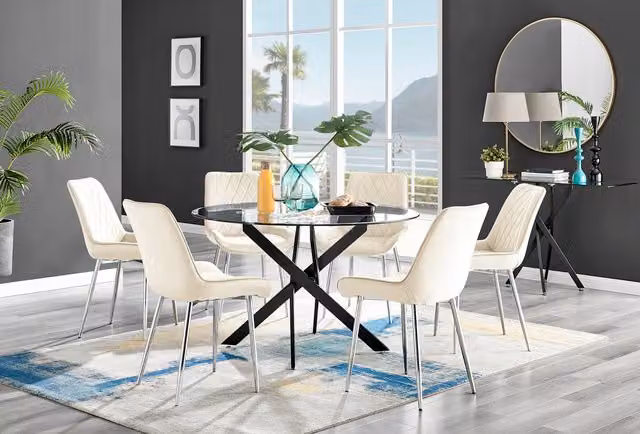 FurnitureboxUK Novara Round Glass Dining Table with 6 Pesaro Silver Chairs in Cream and Black