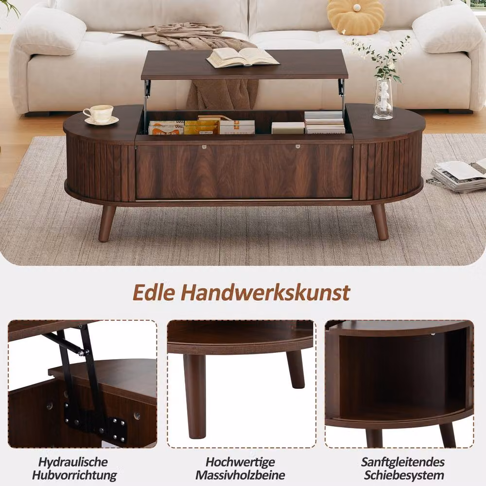 Rolipo Oval Lift Top Coffee Table in Brown with Hidden Storage and Height Adjustable Mechanism, W/D/H: 120 x 53.5 x 53.5 cm – 2