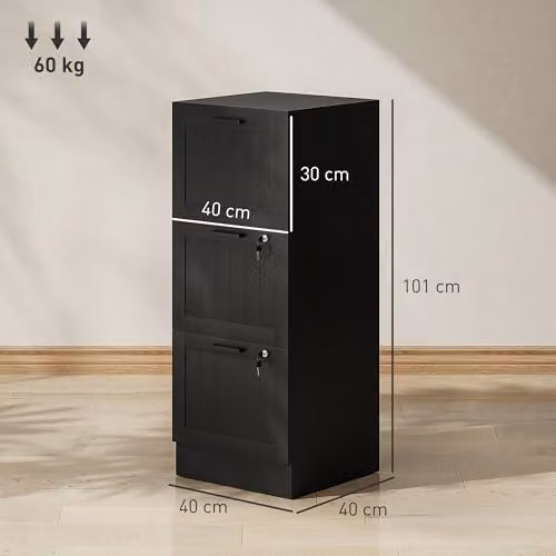 HOMCOM 3 Drawer Lockable File Cabinet in Black for A4 and Letter Size Folders, H 101 x W 40 x D 40 cm – 3