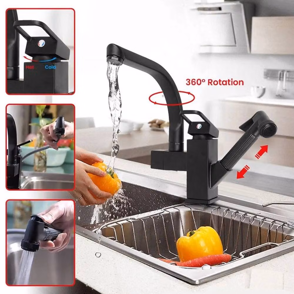 Kelvenix Matt Black Monobloc Kitchen Sink Mixer Tap with Pull Out and Swivel Spout – 4