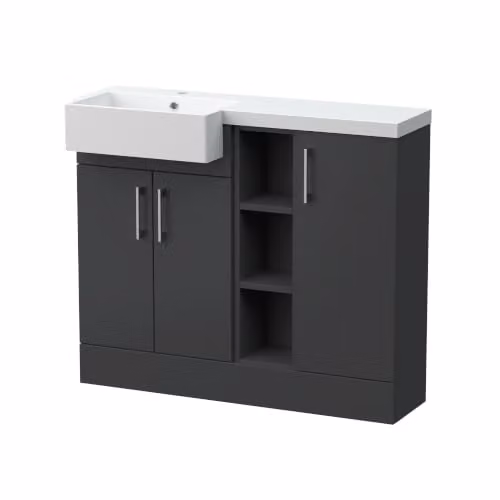 Balterley Wichnor Contemporary Floor Standing 3 Door Combination Vanity Basin Unit with Open Shelves and Polymarble Basin, Width: 100 cm, Dark Grey – 4