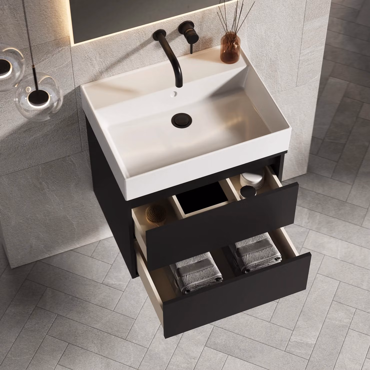 Banyetti Venti 600mm Wall Hung Vanity Unit with Veneto No Tap Hole Basin, Matt Black – 3