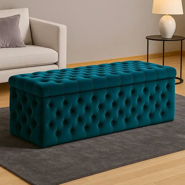 R&M Furnishers Wide Lux Chesterfield Ottoman Storage Box in Emerald Green Plush Velvet