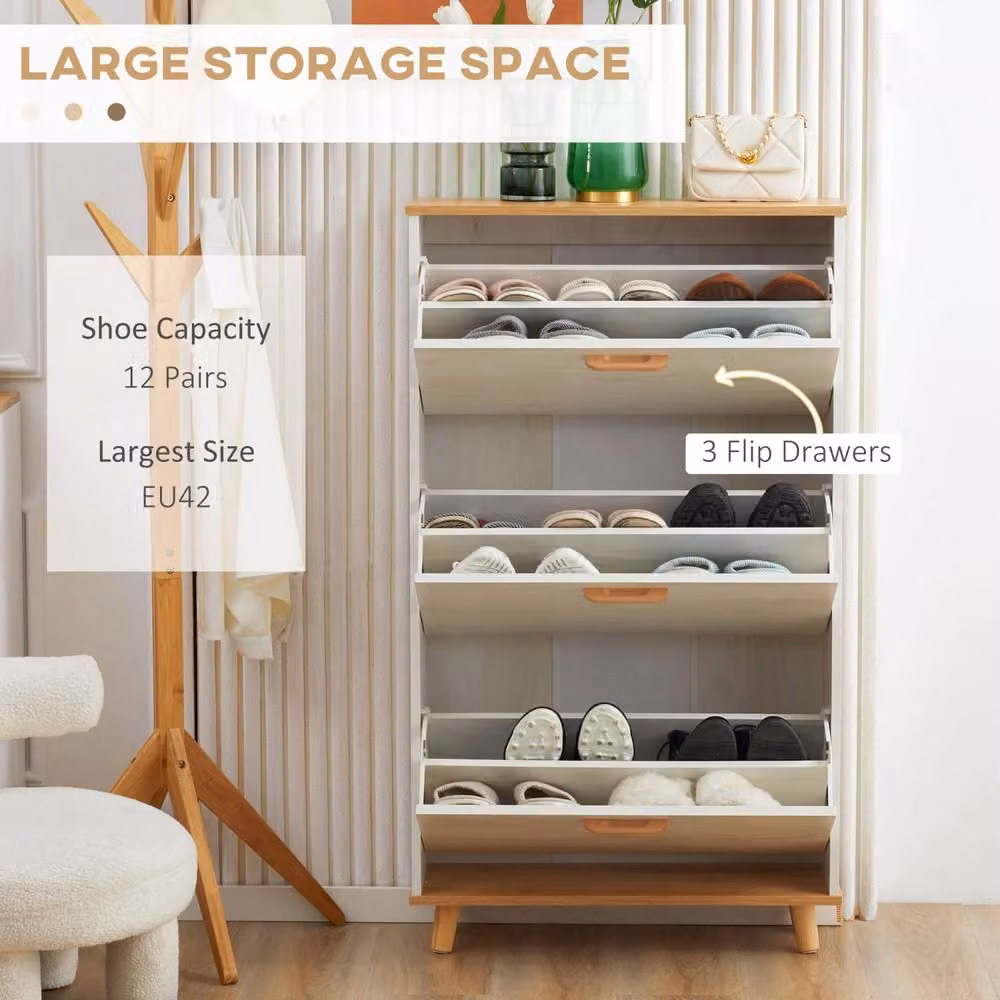 Wyld Haus Ellora Lera Slim White Natural Shoe Cabinet with 3 Tilting Compartments for 12 Pairs, H 122 x W 70 x D 23.5 cm – 3