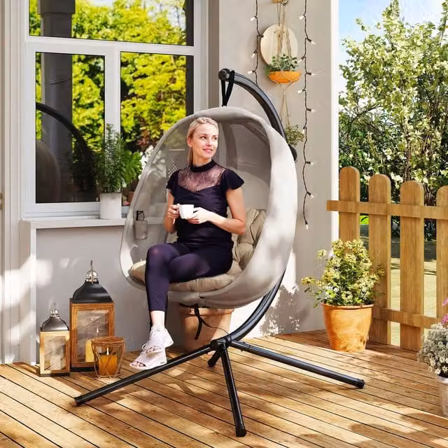 Outsunny Hanging Egg Chair with Metal Stand in Beige and Brown – 1