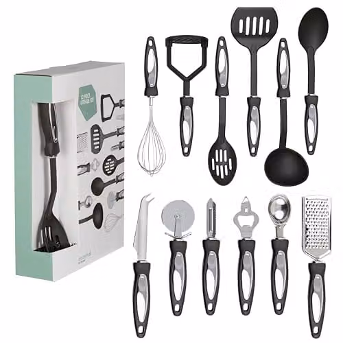 Premier Housewares 12 Piece Black Kitchen Utensil Set with Nylon and Stainless Steel Gadgets