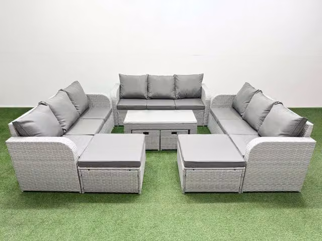 Fimous PE Rattan 3 Seater Sofa Set with Oblong Coffee Table and 4 Footstools in Light Grey