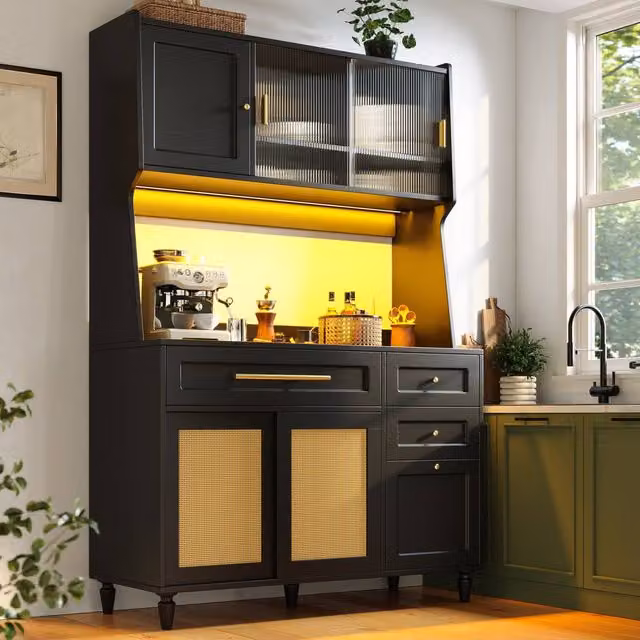 ModernLuxe Black Matt Kitchen Tall Unit with Sliding Doors and Integrated LED Lighting, W/D/H: 45.0 x 45.0 x 195.5 cm