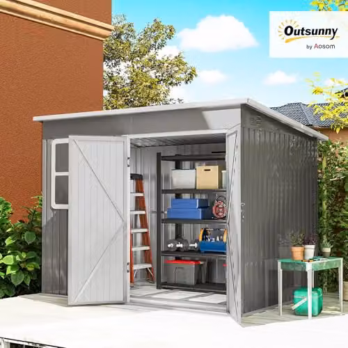 Outsunny Galvanised Steel Pent Garden Storage Shed in Light Grey with Window, Lockable Double Doors, Air Vents and Foundation Kit, W/D/H: 260 x 190 x 177 cm – 2