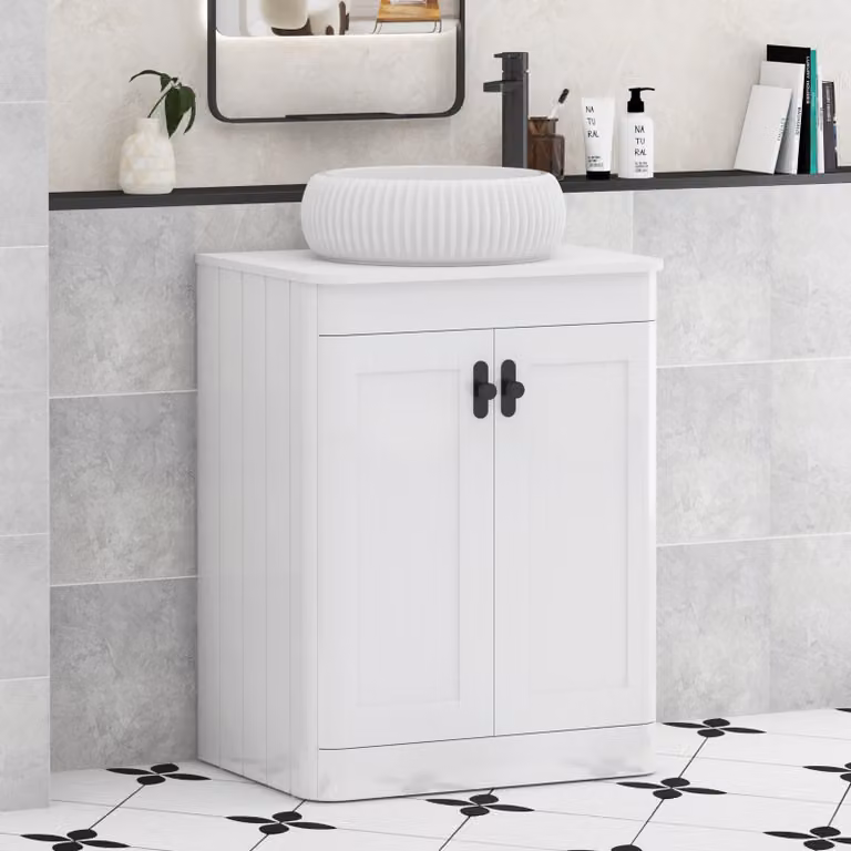 Royal Bathrooms Henley 600mm Gloss White Floor Standing 2 Door Vanity Unit with Milan Basin and Matt Black Knob