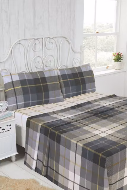 Rapport Blue Checked Flannelette Cotton Sheet Set with Flat Sheet, Fitted Sheet and Pillowcase