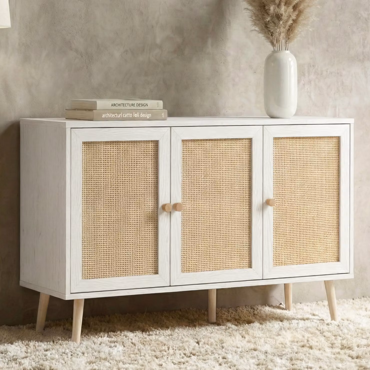 DHS Scandinavian White Rattan and Wood Sideboard, W/D/H: 135 x 40 x 80 cm
