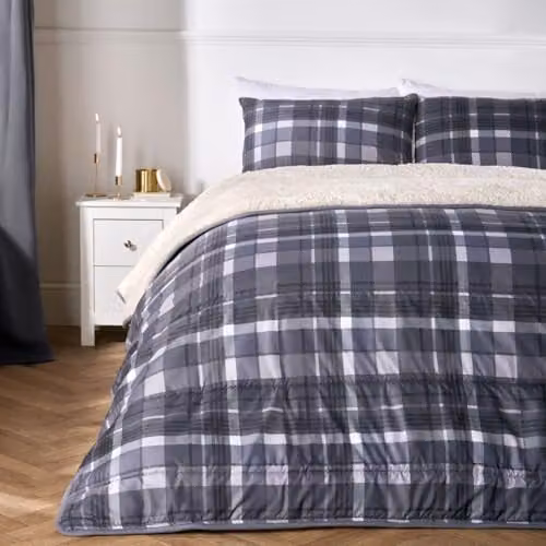 OHS Grey Tartan Check Sherpa Reversible 10.5 Tog Coverless Duvet with Pillowcases, W/D/H: 135 x 200 cm