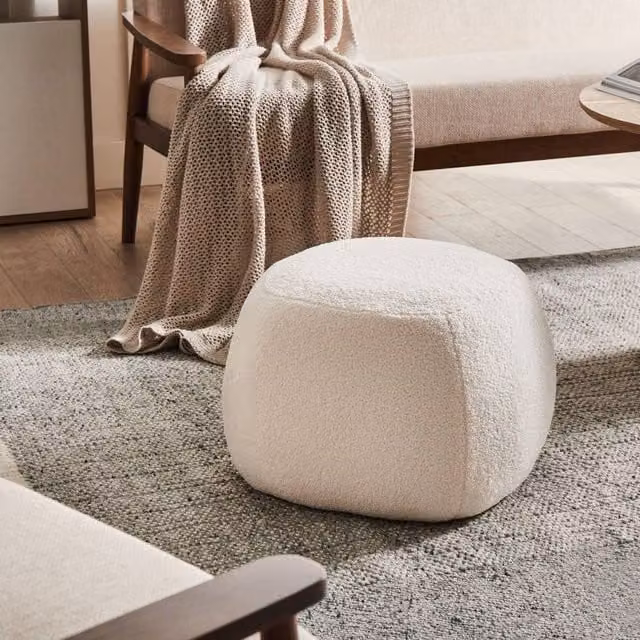 Wyld and Coco Off-White Bouclé Square Pouffe, W/D/H: 50 x 50 x 33 cm – 1