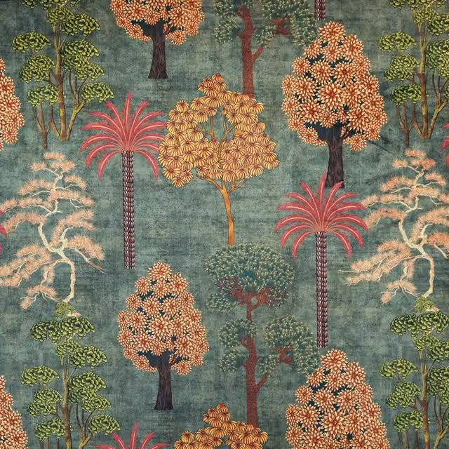 Linda Barker Bonsai Garden Velvet Floral Print Fabric in Green and Grey