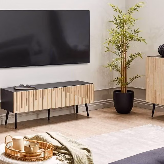 Wyld and Coco Industrial TV Stand with Black MDF Frame, Brown Rubberwood Doors and Iron Legs, W/D/H: 120 x 36 x 45 cm – 1