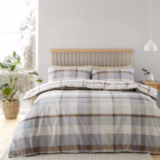 Catherine Lansfield Brushed Check Flannelette Cotton Duvet Cover and Pillowcase Set in Beige and Natural