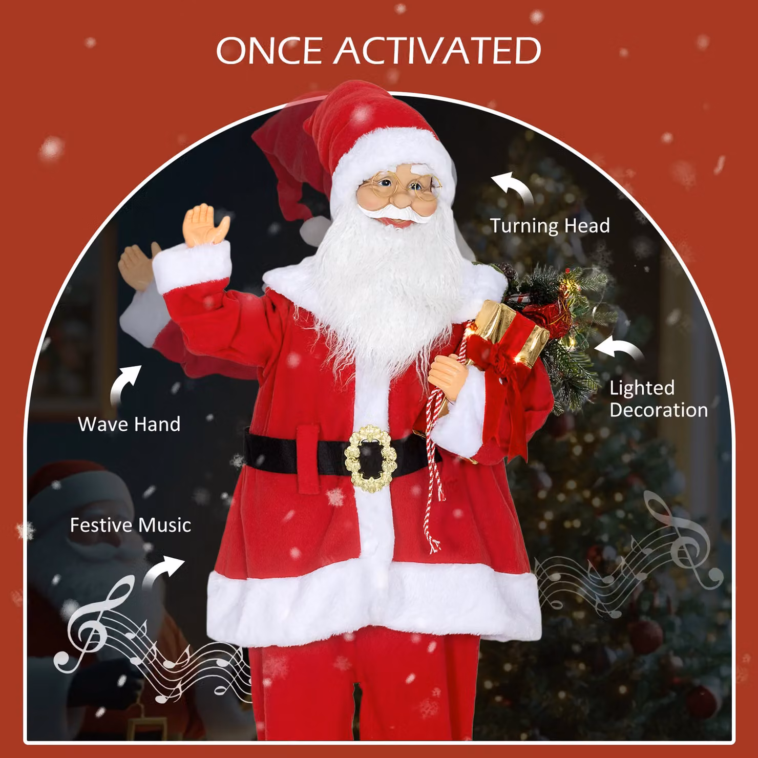 HOMCOM Life Size Animated Sound Activated Santa Claus Decoration in Red, Height: 120 cm – 5