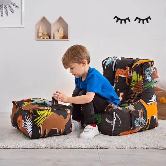 Ready Steady Bed Kids Bean Bag Armchair with Footstool in Africa Animal Print, Brown and Multicolour