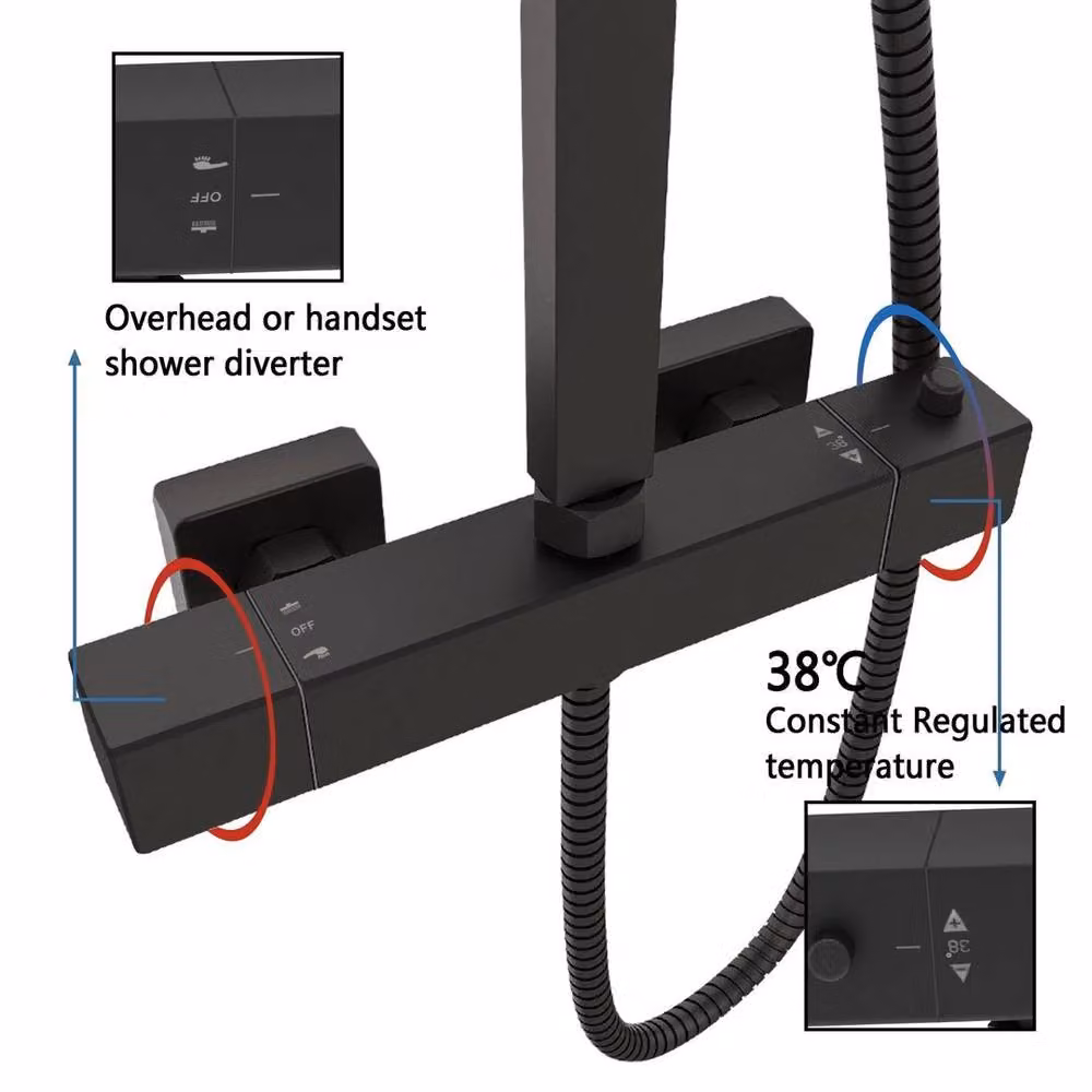 Hinsinc Matt Black Square Bar Twin Head Thermostatic Shower Set, Width: 180 cm, Height: 180 cm – 3