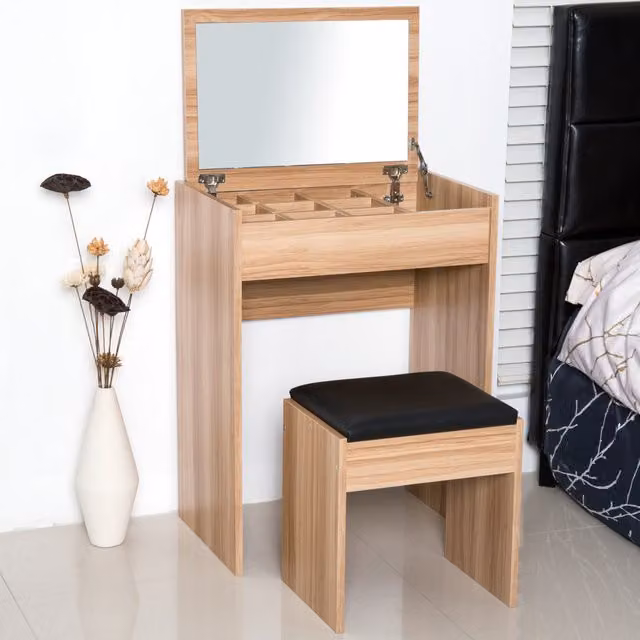 HOMCOM Modern Dressing Table and Padded Stool Set in Brown and Yellow