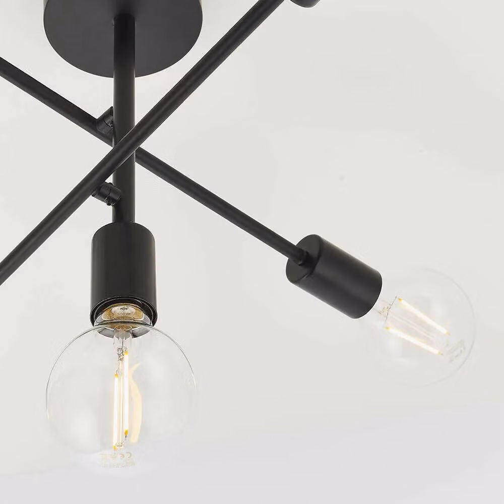 Loops Industrial Semi Flush Ceiling Lamp in Matt Black with 5x Transparent Glass Shades – 2