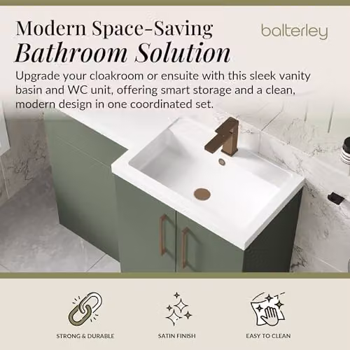 Balterley Corner L-Shaped Vanity Unit with WC Unit and L-Shaped Basin, Green with Brushed Bronze D-Shape Handles – 2
