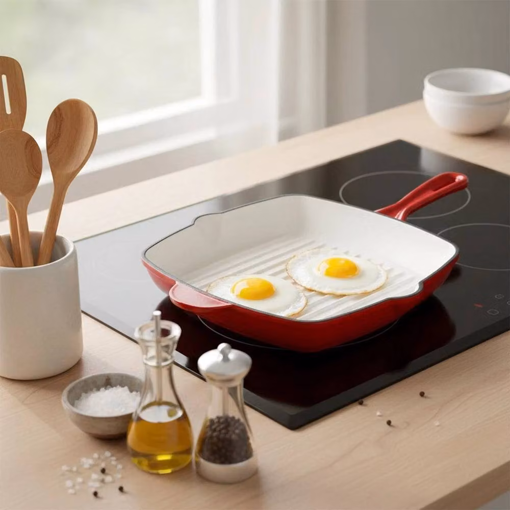 Kelvenix Red Enamelled Cast Iron Non Stick Skillet Griddle Cooking Pan – 3