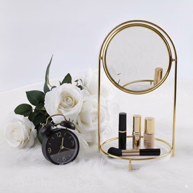 Maison Des Cadeaux Round Scandinavian Tabletop Vanity Mirror with White Marble and Gold Metal Details