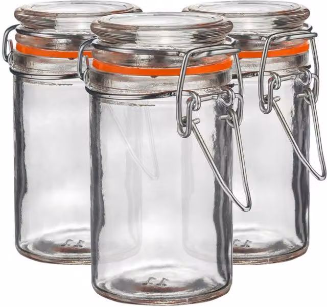 Argon Tableware Transparent Glass Storage Jar with Orange Seal and Clip, 70 ml, Pack of 6