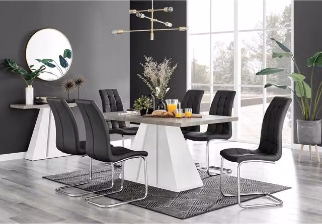 FurnitureboxUK Athens Grey Concrete Rectangular Kitchen Dining Table and 6 Murano Chairs in Black