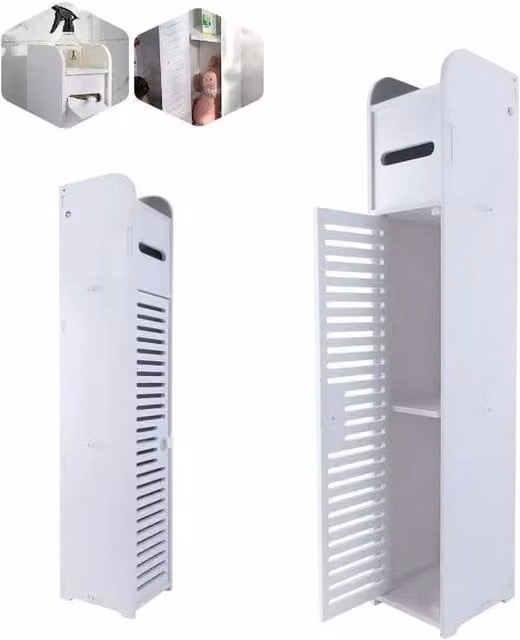 SPETLEK White Freestanding Bathroom Floor Storage Cabinet with Internal Shelves and Open Shelf Doors – 1