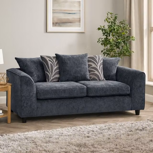Furnishings For Less UK Zina 3 Seater Chenille Fabric Sofa in Grey with Scatter Cushions