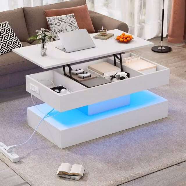 Merax White Glossy Lift Top LED Coffee Table with Charging Station – 1