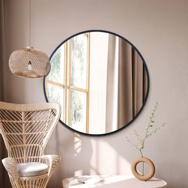 MirrorOutlet The Fenestra Modern Circular Wall Mirror with Black Metal Edge, Diameter: 109.22 cm, Black