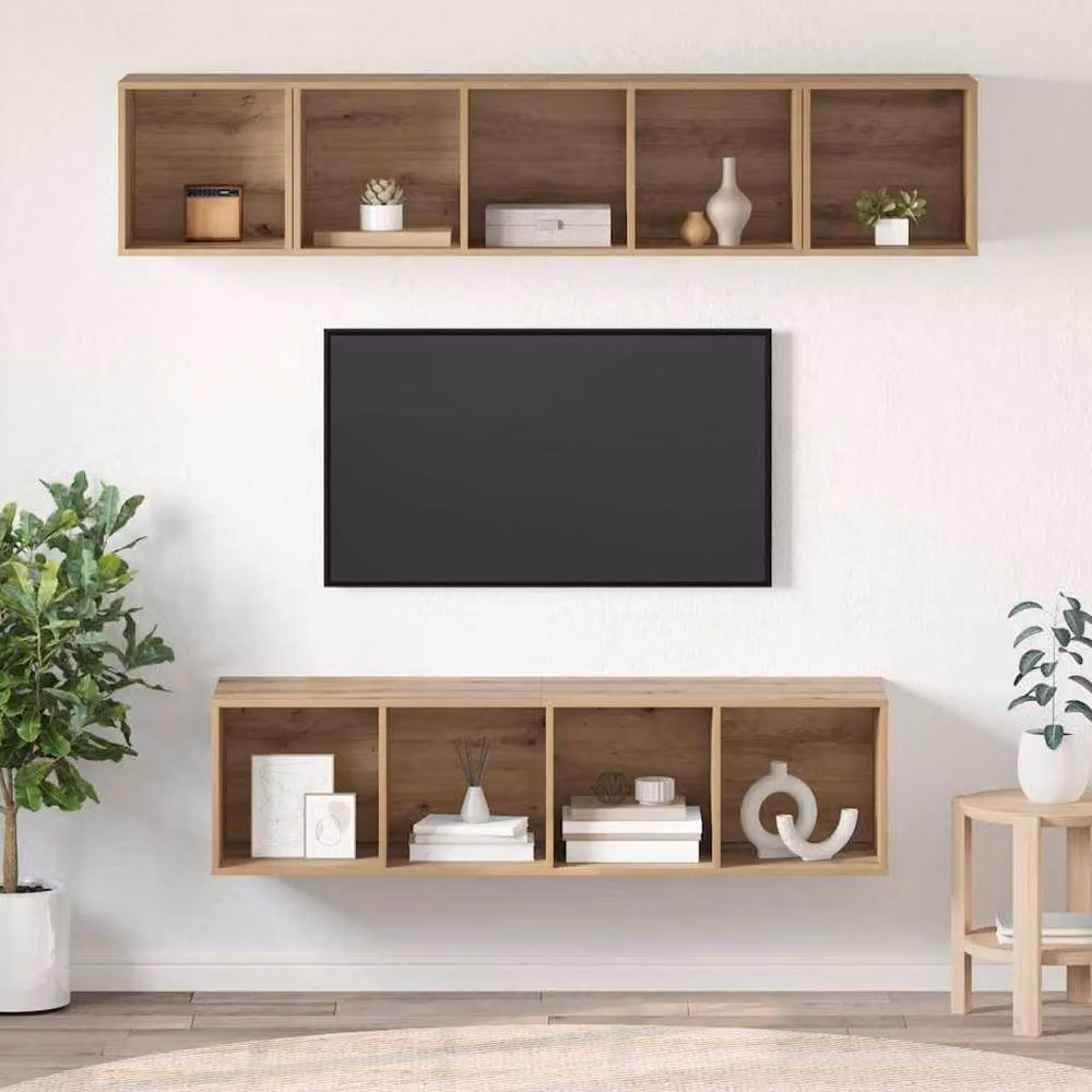 Berkfield Home Modern 4 Piece Artisan Oak Wall Mounted Shelving Set in Brown, W/D/H: 37 x 37 x 142.5 cm – 2