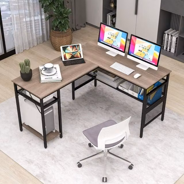 Costway Modern L-Shaped Corner Desk with Charging Station in Grey